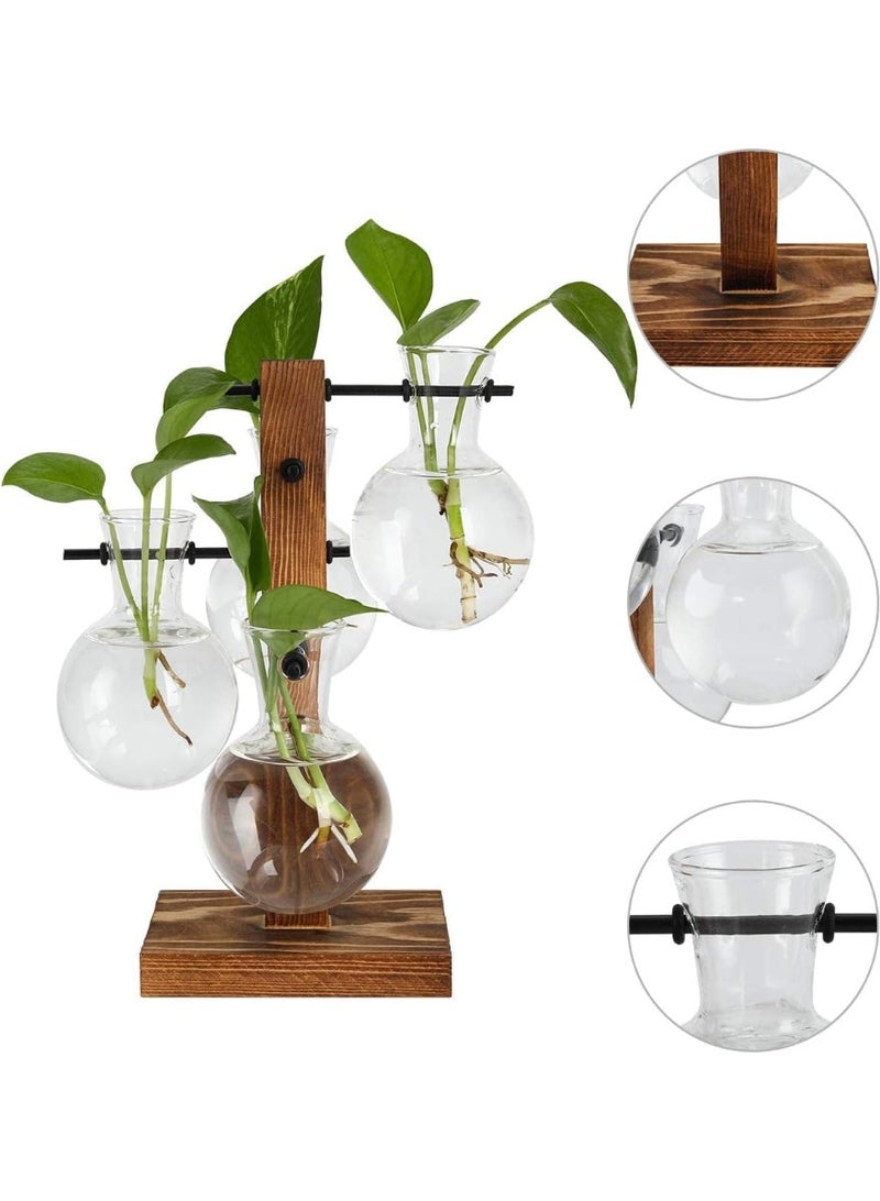 eWINNER Desktop Glass Flower Pot Vase with Retro Solid Wood Small Bench Frame for Hydroponic Plant Family Garden Wedding Decoration - Image 1